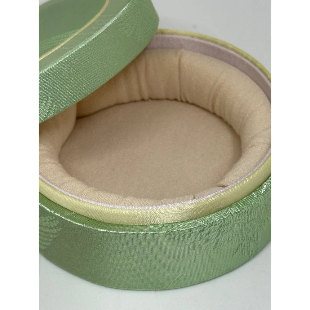 VTG Jewelry Box Green Satin Crane Bird Embroidered Round Padded Storage Case